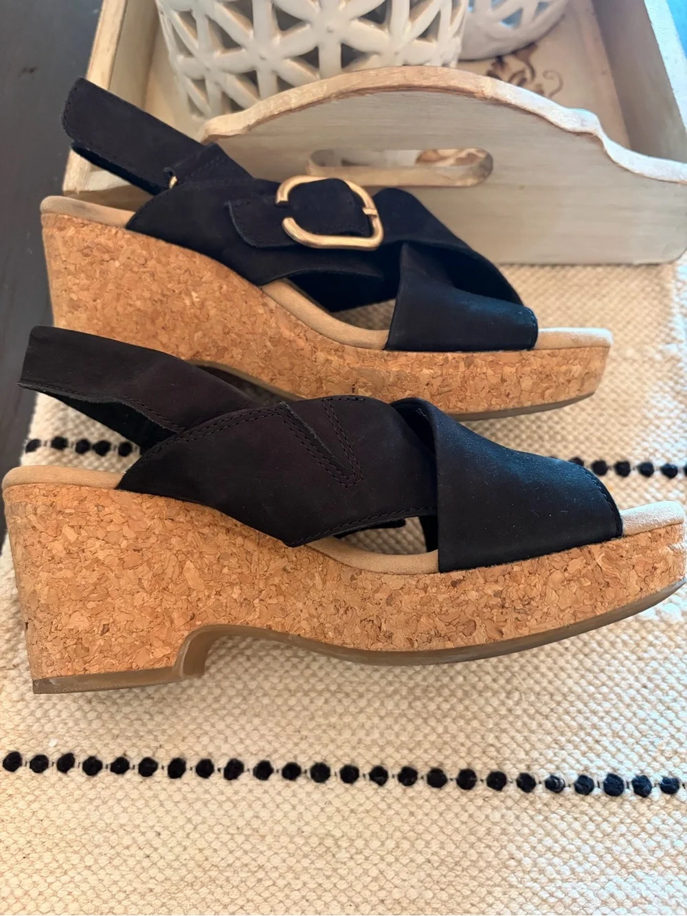 Clarks Black Wedge Sandals with Buckle
